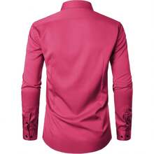 Men's Stretch Wrinkle-Free Long Sleeve Button-Down Formal Prom Wedding Dress Shirts With  Elements - 玫紅色 - 查看 4