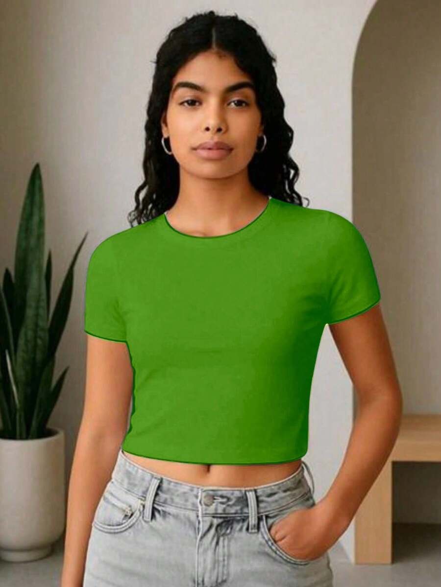 Women's Short Sleeve Ribbed Cropped Top With Sleeves, Summer - 綠色 - 查看 1