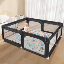 Sour Lemon Baby Playpen With Play Mat, 79x71 Inch Extra Large Playpen For Babies And Toddlers, Baby Fence Play Pen Yard With Safety Gate Fence With 50 Ocean Balls 4 Pull Rings For Kids Indoor Outdoor - 黑色 - 查看 1