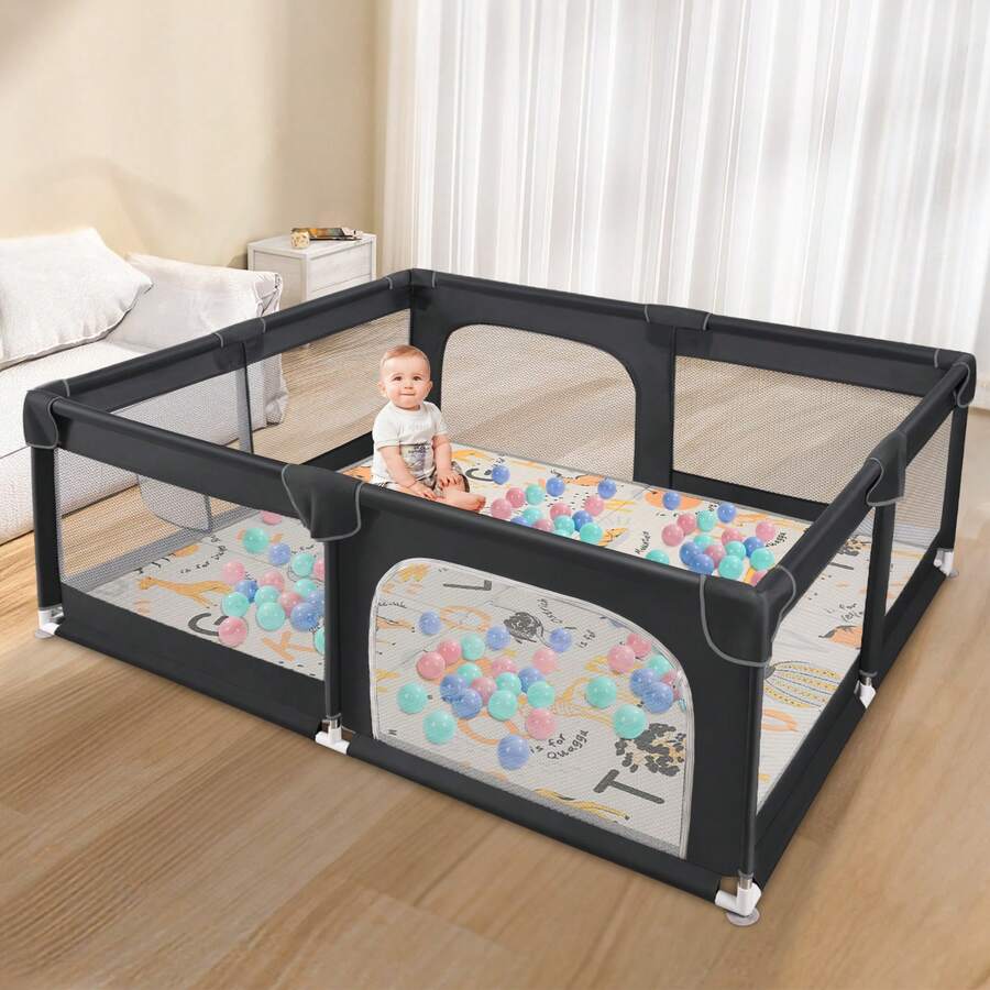 Sour Lemon Baby Playpen With Play Mat, 79x71 Inch Extra Large Playpen For Babies And Toddlers, Baby Fence Play Pen Yard With Safety Gate Fence With 50 Ocean Balls 4 Pull Rings For Kids Indoor Outdoor - 黑色 - 查看 1