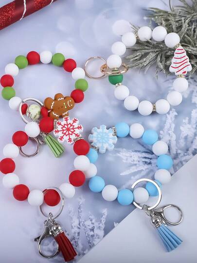 1pc Christmas Gingerbread/Snowflake/Tree Silicone Beaded Bracelet Keychain Bag Charm, Christmas Gift