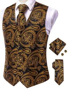 Mens Waistcoat Gold Orange Paisley Vest Tie Handkerchief Cufflinks Set Tuxedo Gilet Wedding Formal Casual - 金色 - 查看 1
