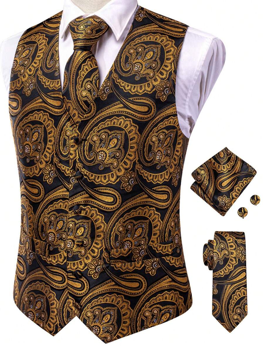 Mens Waistcoat Gold Orange Paisley Vest Tie Handkerchief Cufflinks Set Tuxedo Gilet Wedding Formal Casual - 金色 - 查看 1