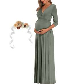 Elegant Sage Green Maternity Maxi Tunic Dress With Floral Appliques V-Neck Half Sleeve Wrap Design Made From High Stretch Knitted Fabric - 薄荷綠 - 查看 6