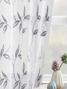 1pc White Semi-Transparent Floral Embroidered Curtain, Suitable For Bedroom, Living Room, Kitchen, Party - White and Gray - View 35