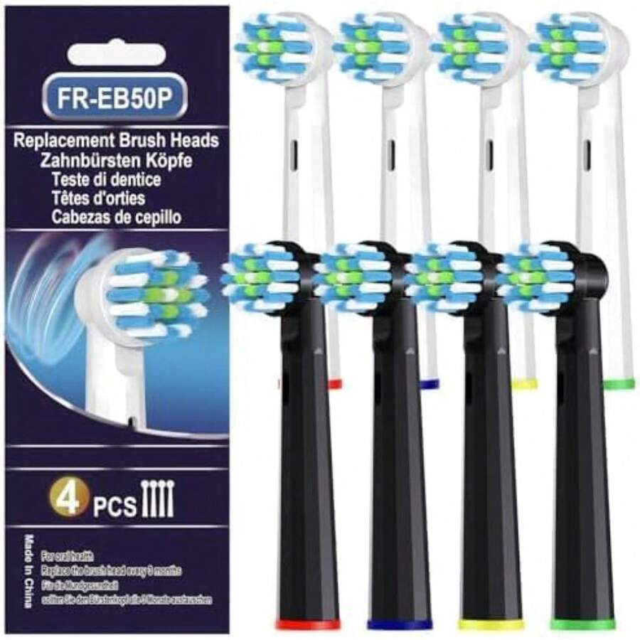 Electric Toothbrush Replacement Heads, 4-Pack, Color-Coded Rings, White (Black, Medium) - Default - View 1