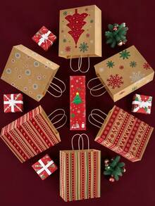 12个/6个带手柄的圣诞礼品袋，六种款式的圣诞牛皮纸袋，圣诞礼品袋，牛皮纸节日包装袋，圣诞驯鹿礼品袋，圣诞树礼品袋，雪花礼品袋，带有圣诞图案，新年礼品袋，适用于节日派对小礼物和圣诞礼盒包装，派对礼品袋 - 彩色 - 查看 3