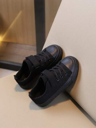 Children's Black Canvas Shoes, Flat, Non-Slip, Casual Shoes For Girls And Boys, Hook And Loop, Breathable, Suitable For 1-10 Years Old, Autumn/Winter