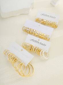 48/12pcs Fashionable Bohemian Style Women Metal Earring Set, Faux Pearl Earrings, Geometric C-Shape Stud Earrings, Suitable For Daily Life, Party Wear, Holiday Gift Jewelry Set - Yellow Gold - View 9