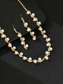 Factory Direct Cross-Border Jewelry, New Hot-Selling Wedding Accessories Pearl Necklace Earrings 3 Pieces Set