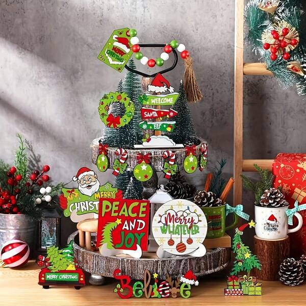 15pcs Christmas Tiered Tray Decor Set, Lime Green And Red, Holiday Santa And Candy Wooden Signs, Classic Striped Style, No Power Needed, Artistically Painted Finish, Faux Wood, Suitable For Home, Kitchen, Tabletop Center, Fireplace Mantel, Party Decor (Tray Not Included)