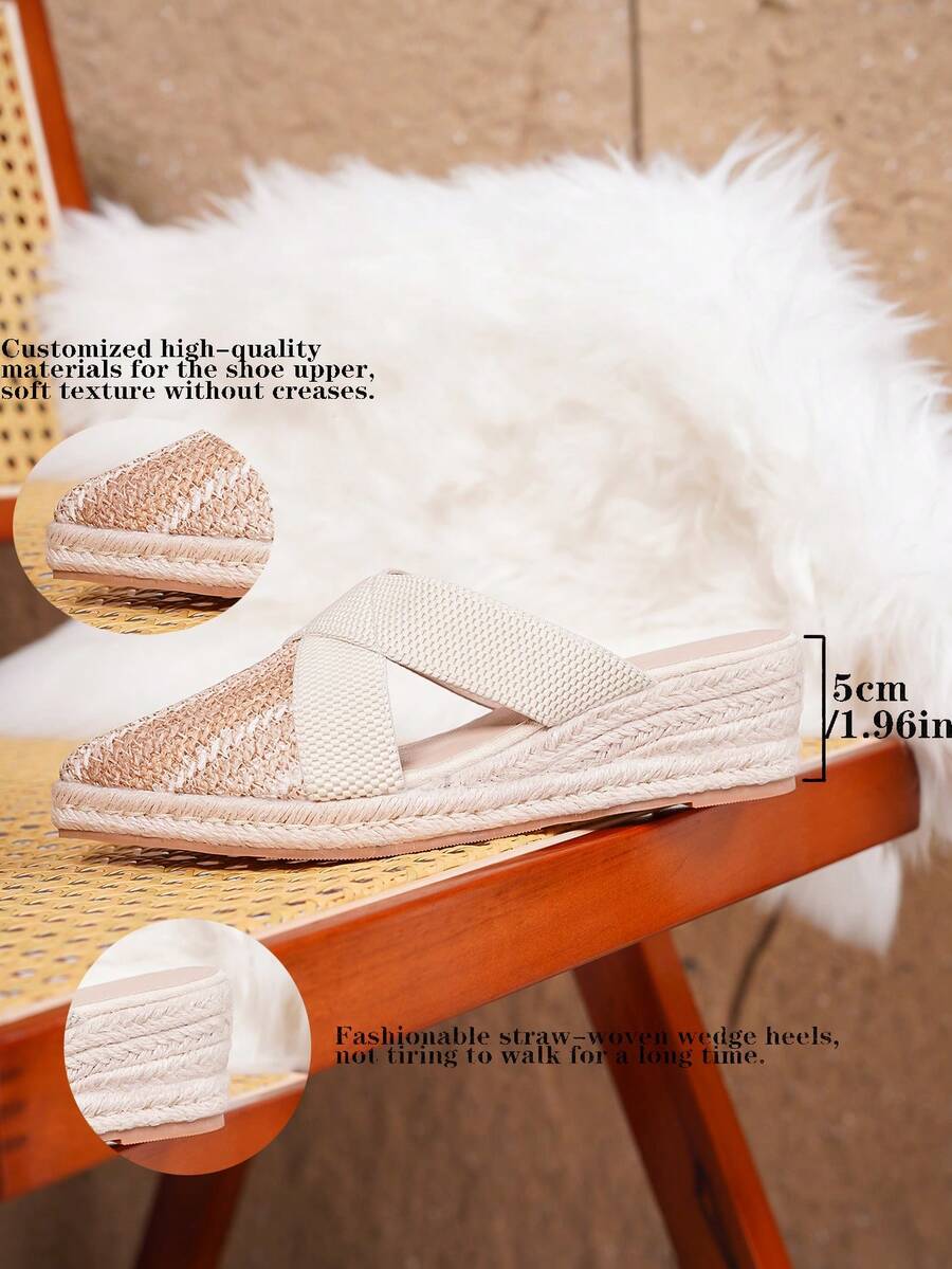 女士时尚草编绳杏色透气镂空尖头坡跟鞋 - 彩色 - 查看 1