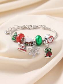 1pc Christmas Cute Painted Oil Rhinestone Snow House, Christmas Tree, Snowflake Charm Beaded Bracelet, Multi-Element DIY Chain Bracelet, Suitable For Women Holiday Party Wear, Gift