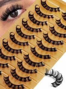 10对自然纤薄3D假睫毛：浓密猫眼假睫毛，蓬松睫毛套装，自然卷翘，浓密丰盈，猫眼魅惑造型，手工制作，纤长蓬松，卡通风格，假睫毛，睫毛嫁接