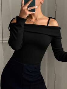 Livesso Women's Off Shoulder Tie Front T-Shirt, Black, Spring/Summer,Fall Clothes Going Out Tops - Black - View 3