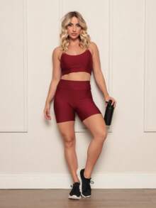 Women's Fitness Set Suplex Gym - Top Without Padded Thin Straps + Tight Shorts High Waist Mid-Thigh - 紫紅色 - 查看 2