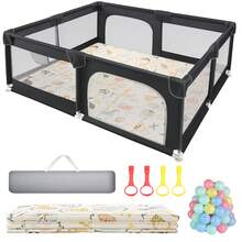 Sour Lemon Baby Playpen With Play Mat, 79x71 Inch Extra Large Playpen For Babies And Toddlers, Baby Fence Play Pen Yard With Safety Gate Fence With 50 Ocean Balls 4 Pull Rings For Kids Indoor Outdoor - 黑色 - 查看 9