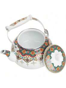 Ceramic Enamel Tea Kettle, 2.6 Quart Large Floral Colorful Teapot With Handle Stovetop, Retro Hot Tea Kettle Pot, No Whistling - Enamel White - View 3