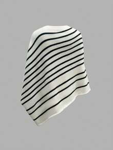 女士条纹街头休闲简约性感圆领不对称披肩镂空针织上衣短袖网眼针织衫沙滩罩衫轻薄套头披肩半蝙蝠袖宽松上衣秋季女装，圣诞新年 - 黑與白 - 查看 5