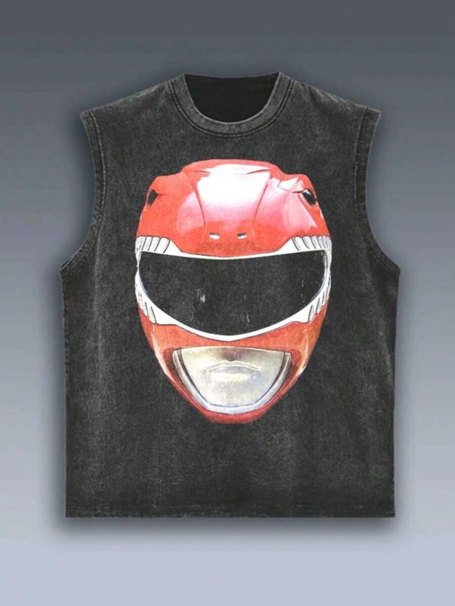 Men's Sleeveless T-Shirt-230g Heavy Washed Cotton, Power Rangers Printing-Loose Street Style, Gym Washed Vest, Sports T-Shirt, Men's Sports Gifts, Gym Sports Equipment Fans, Street Feng Shui Washed T-Shirt, Retro Hip-Hop T-Shirt. - 黑色 - 查看 1
