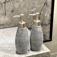 Modern Brushed Ceramic Soap Dispenser - Freestanding Bathroom And Kitchen Decor, Gray Textured Stripe Design, Push Pump Soap Dispenser, Phthalate-Free, Suitable For Hotel, Bathroom, Kitchen Countertop Decor, Bathroom Accessories.