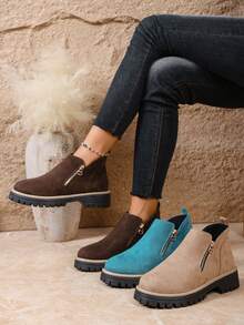 秋冬女士踝靴，女鞋冬靴，女士平底鞋，新款踝靴，带拉链女鞋 - 摩卡棕 - 查看 3