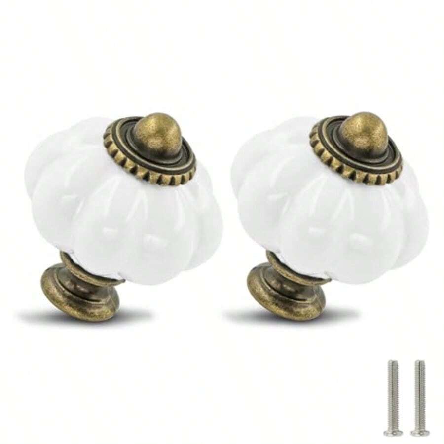 Zernmiarder Juego de 2 pomos de cerámica blanca Pomos de clóset de calabaza retro Tiradores de cajones clásico con tornillos para clóset cajón clóset y proyecto de hogar - Blanco - Ver 1