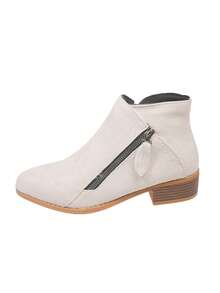 Spring/Autumn New Short Ankle Boots For Women, Low Heel Round Toe Side Zipper Fashion Chelsea Boots, Solid Color Ankle Boots - Beige - View 7