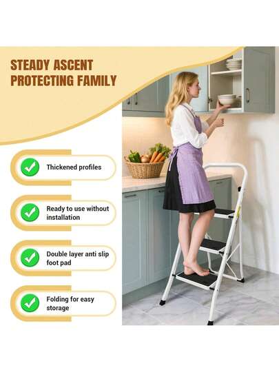 Huini 3 Step Ladder - Heavy Duty Folding Ladder With Slip-Resistant And Wide Steps, Folding Mechanism, 150kg Max Load, Home/Kitchen/DIY/Garden Use