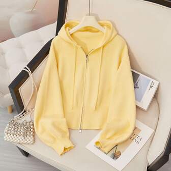 女式连帽开衫，长袖拉链轻质针织毛衣，休闲针织毛衣上衣