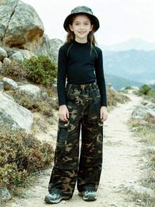 Girls' Versatile Camouflage Cargo Pants, New Outdoor Casual Sports Loose Straight Leg Trousers, Tween Girl & Teens Clothing