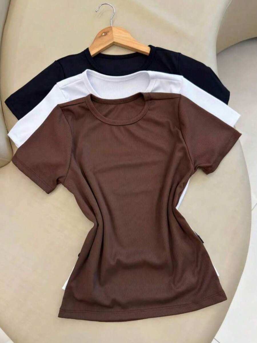 3-Piece Women's Short-Sleeved, Ribbed Crew Neck Premium Summer T-Shirt Set - đen, nâu và trắng - Xem 1