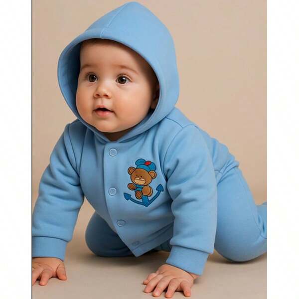 Conjunto Soft Masculino Com Capuz e Aplique Roupa de Bebe Frio Inverno Menina