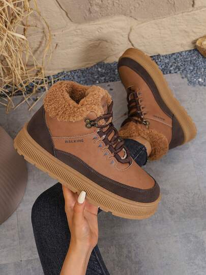 女士休闲运动鞋，新款厚底系带圆头设计，适合秋冬季节，保暖内衬，防滑户外休闲运动鞋