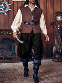 Runcati Men's Pirate Costume Trousers Medieval Viking Style Renaissance Inspired Baggy Harem Linen Pants For Halloween - 黑色 - 查看 4
