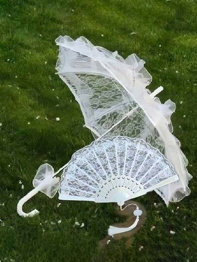 Elegant Black/White Lace Umbrella For Weddings, Halloween & Special Occasions - Romantic Polyester & Spandex Design, Non-Washable, Versatile Gift For Valentine's Day, Birthdays, Mother's Day, Cute Umbrella Bridal Wedding Decoration Props Set: Lace Umbrella & Lace Plastic Fan, European Style Wedding Bride Umbrella