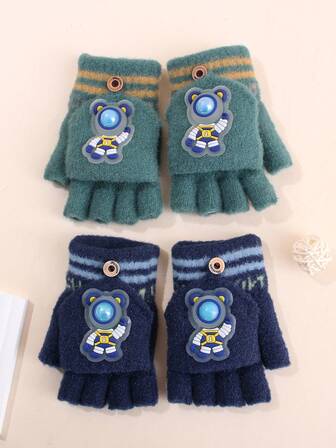 زوج من قفازات الأطفال ذات الأصابع المفتوحة الدافئة والواقية بتصميم طيار الفضاء، مناسبة للأنشطة الخارجية والاستخدام اليومي