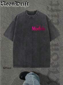 Y2K Style, Cool  UFO Elements, Outdoor Sports Vibe, Modern Street Style, Fashionable Pure Cotton Vintage Washed T-Shirt With Loose Fit, Unisex Design. A Perfect Surprise Gift For Family And Friends. Features Dropped Shoulder Sleeves + Crew Neck, Made Of High-Quality Batik Cotton, A Retro Fashion Brand T-Shirt. With Moderate Thickness, It's Ideal For Summer Wear And A Top Choice For Holiday Gifting. - 黑色 - 查看 2