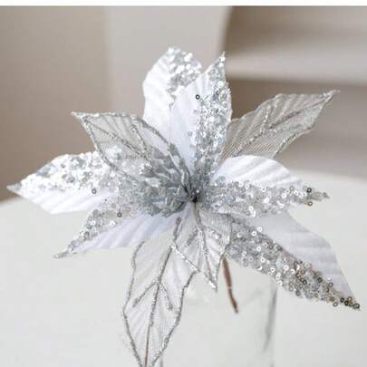Christmas Simulation Flowers - Yellow/White/Silver Sequined Flannel - Simulation Christmas Flower DIY Cut Branches And Leaves Decoration