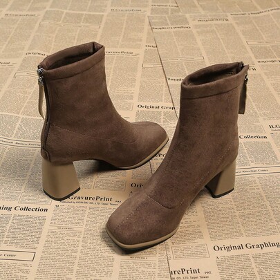 2025 Autumn New French Square Toe High Heel Ankle Boots For Women, Khaki Suede Elastic Slim Fit Chunky Heel Boots, Versatile, Fashionable, Elegant Short Boots,Elegant
