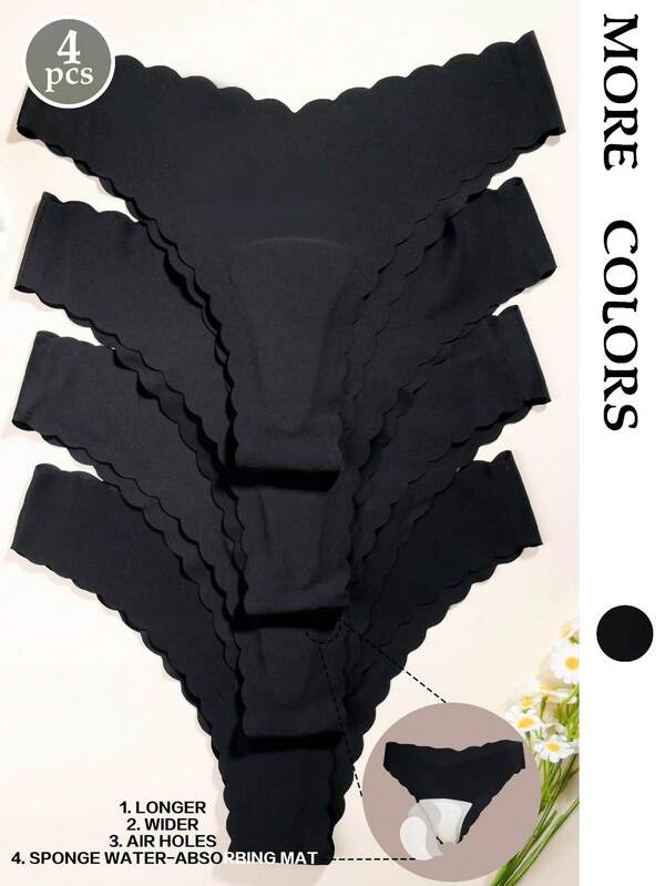 4pcs/Pack - Women's Solid Black Seamless Thong Panties, Proof Seamless Thongs Made With Patented 3-Layer Protection
