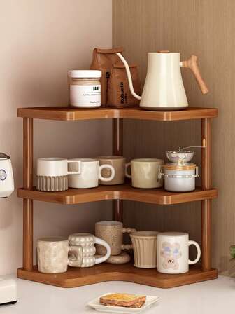 1pc Vintage Multi-Tier Corner Storage Rack, Wooden Material, Kitchen Corner Organizer Rack, Cup/Mug/Coffee Cup Holder, Multifunctional Tabletop Storage Rack, Spice Rack, Desk Bookshelf And Household Items Organizer, Suitable For Kitchen, Office, Dining Room, Living Room And Bedroom