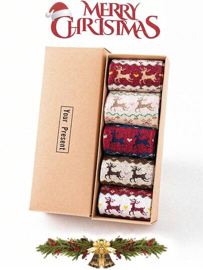 4 pares de calcetines de media caña de mujer con diseño vintage de renos navideños, para otoño e invierno, cálidos y acogedores, para carnaval navideño. Envío aleatorio. Sin caja de regalo.