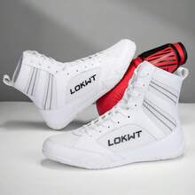 Sapatos de luta livre masculinos, sapatos de boxe de cano alto, sapatos de treino, botas de kickboxing, sapatos de muay thai, sapatos de artes marciais para fitness, sapatos esportivos profissionais masculinos de alta qualidade, confortáveis, antiderrapantes, duráveis, respiráveis, com suporte para o tornozelo e sola texturizada.