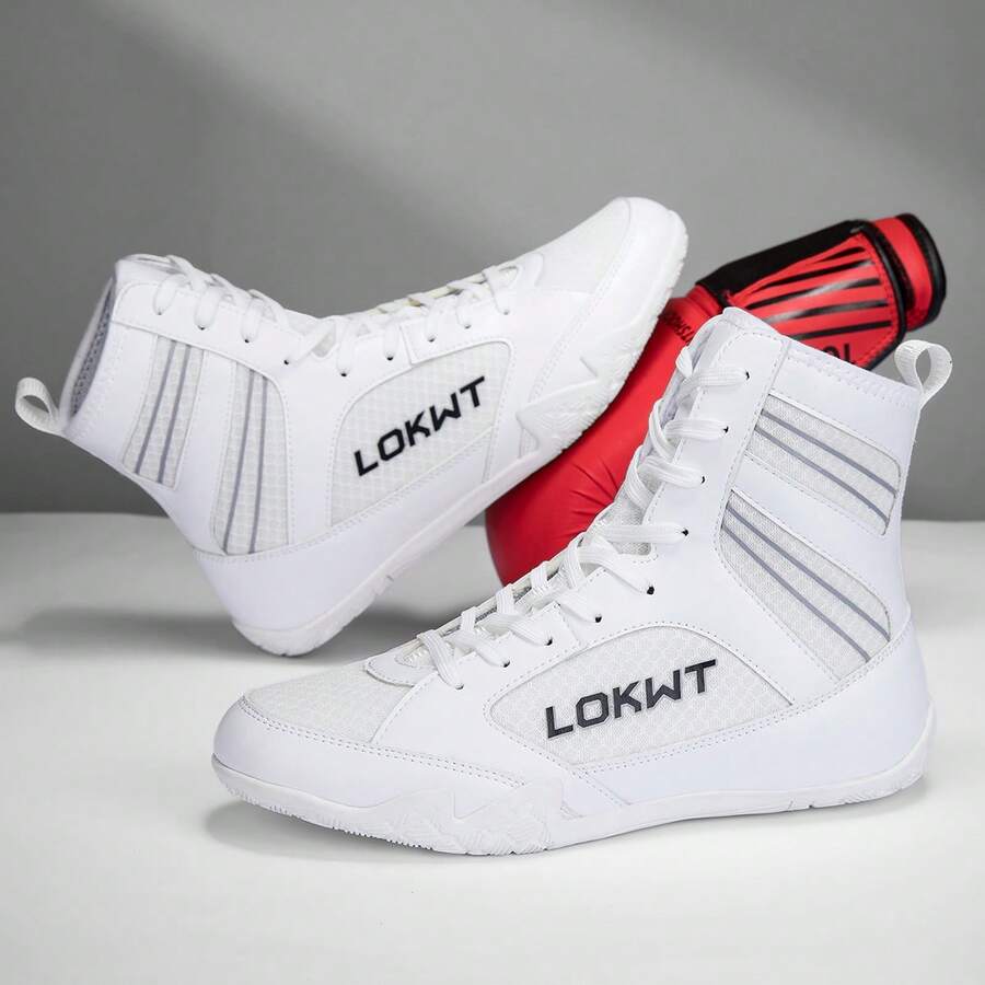 Sapatos de luta livre masculinos, sapatos de boxe de cano alto, sapatos de treino, botas de kickboxing, sapatos de muay thai, sapatos de artes marciais para fitness, sapatos esportivos profissionais masculinos de alta qualidade, confortáveis, antiderrapantes, duráveis, respiráveis, com suporte para o tornozelo e sola texturizada.