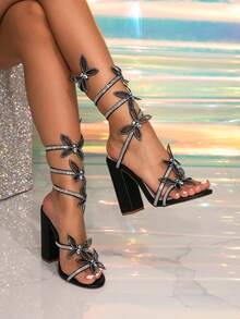 Sexy Fashion Women's Super High Heel Thick Heel Black Sandals, Party/Event/Gathering Sandals With Rhinestone Butterfly Decor And Snake-Shaped Rhinestone Embellishment, Wedding High Heels