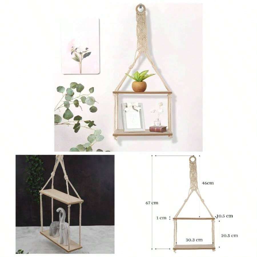 2 Tier Hanging Floating Macrame Rope Shelf Wooden Storage Kitchen Wall Boho Decor HANGING SHELF 30x10x72 - Initial - View 1