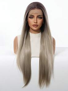 13*3.5英寸高密度150%蕾丝前假发，优质舒适女士假发，渐变灰棕色，30英寸中长直发，采用耐热合成纤维制成，适合度假、家庭聚会、角色扮演和日常佩戴。 - 漸變灰色 - 查看 7