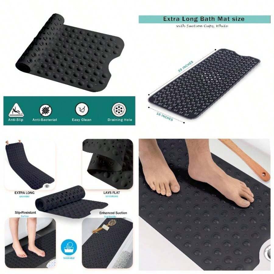 Alfombrilla de bao Antideslizante con ventosas, 100x40cm40x16in Tapetes para Tina de Bao extralargas antimoho, Lavable a mquina, sin ltex para Ancianos y nios. Black - Negro - Ver 1
