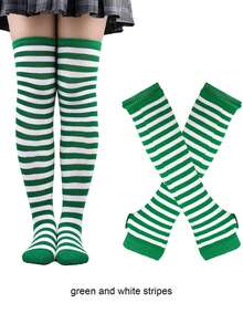 1 Set Women's Christmas Striped Thigh High Socks + Gloves, Red/White, Green/White, Red/Green, Purple/Black Striped Knee Socks, Suitable For Stage Performance, Cosplay, Christmas Party, Winter Warm Socks, Y2K Style